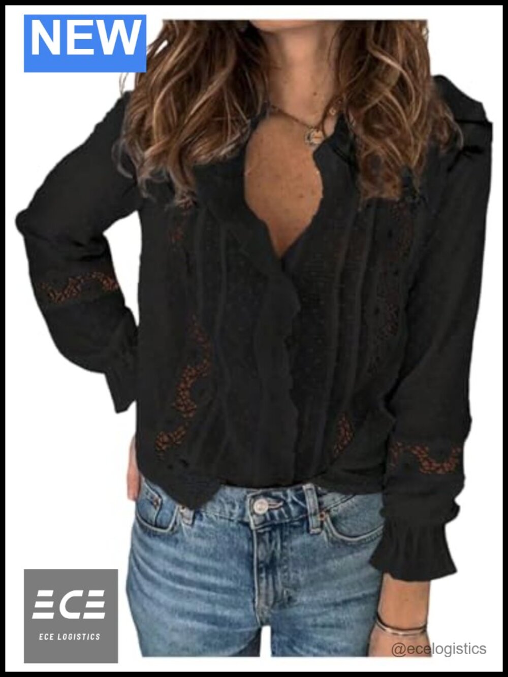 Lace Crochet Tunic Top Flowy Hollow Out V Neck Button Down Blouse